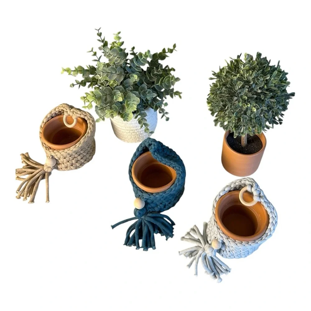 Handcrafted Woven Planter Set - Tan, Blue, Gray